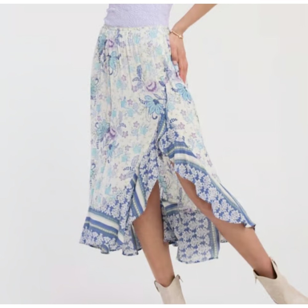 Y2K Floral Boho Flowy Midi Skirt Women Large Blue Pull On Cowgirl Festival Beach